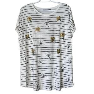 Apt 9 White with Gray Stripes Floral Short Sleeve Tee Size XL